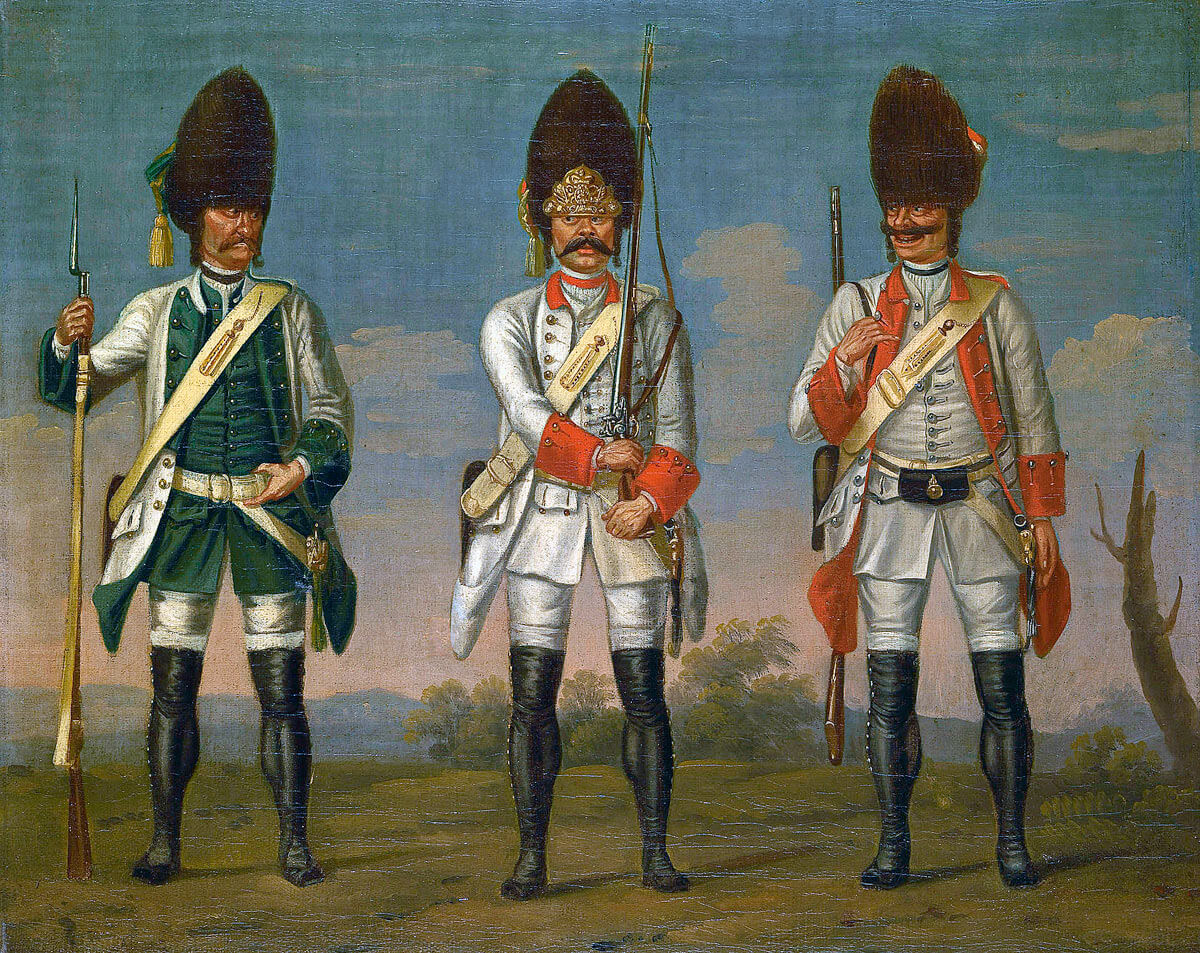 Grenadiers of the Austrian infantry regiments 'Los Rios', 'Waldeck' and 'Wurmbrand': Battle of Lobositz on 1st October 1756 in the Seven Years War: picture by David Morier