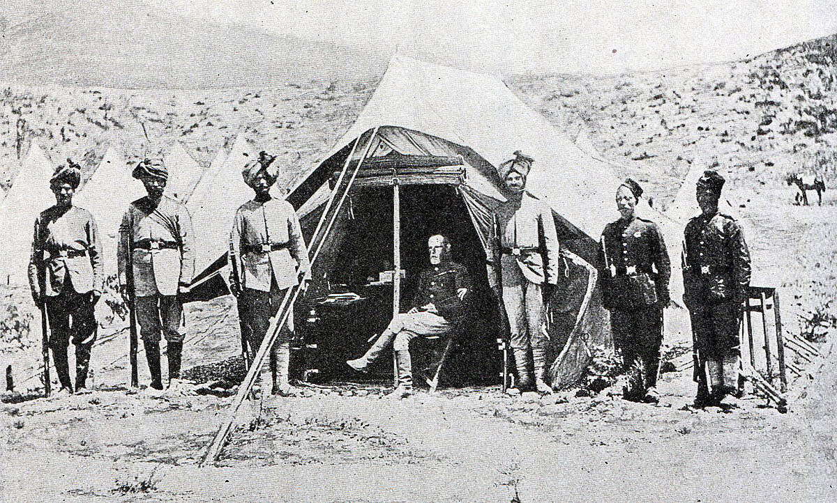 Lieutenant General Sir Frederick Roberts VC with his Pathan, Sikh and Gurkha orderlies: Battle of Kandahar on 1st September 1880 in the Second Afghan War