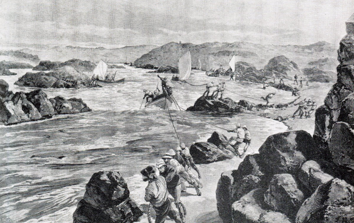 Hauling a whaler up the Second Cataract on the River Nile: Battle of Abu Klea on 17th January 1885 in the Sudanese War