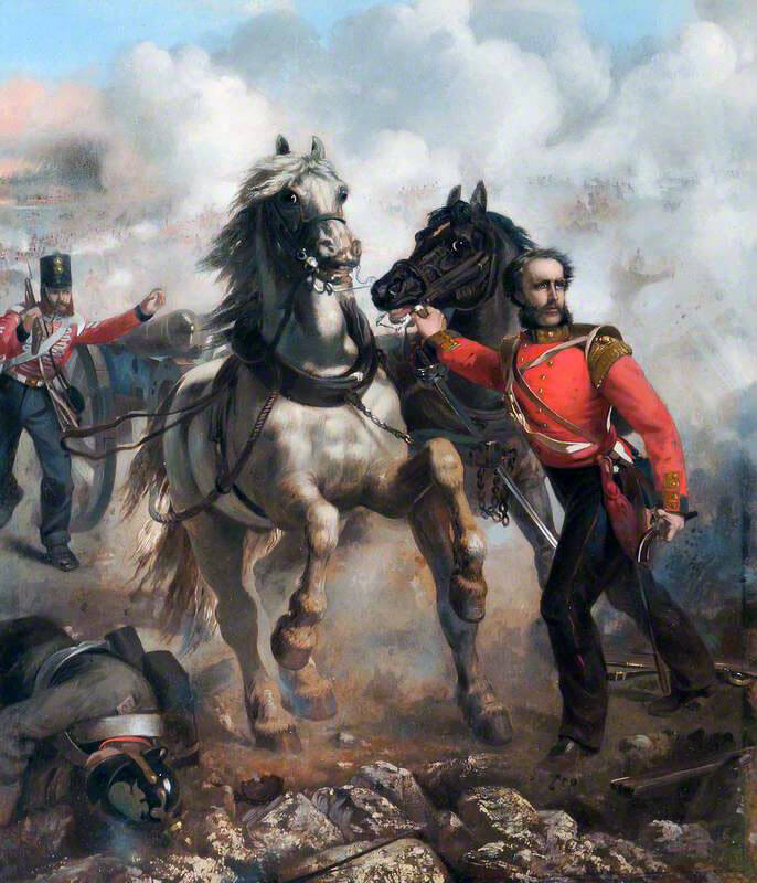 Captain Bell of the Royal Welch Fusiliers winning the Victoria Cross at the Battle of the Alma: picture by Louis Desanges
