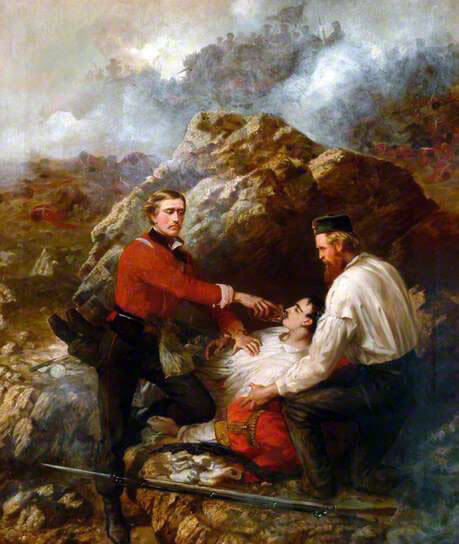 Assistant Surgeon Sylvester of the Royal Welch Fusiliers, winning the Victoria Cross on 8th June 1855 at Sevastopol, by treating his wounded adjutant Lieutenant Dyneley under fire: picture by Thomas Jones Barker