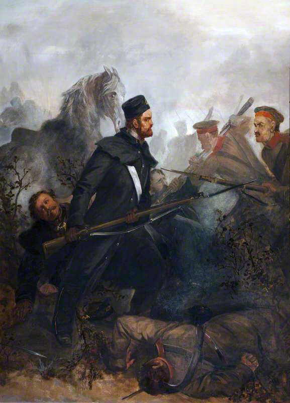 Private John McDermond of the 47th Regiment winning the Victoria Cross by coming to the aid of his colonel at the Battle of Inkerman in the Crimean War: picture by Louis Desanges