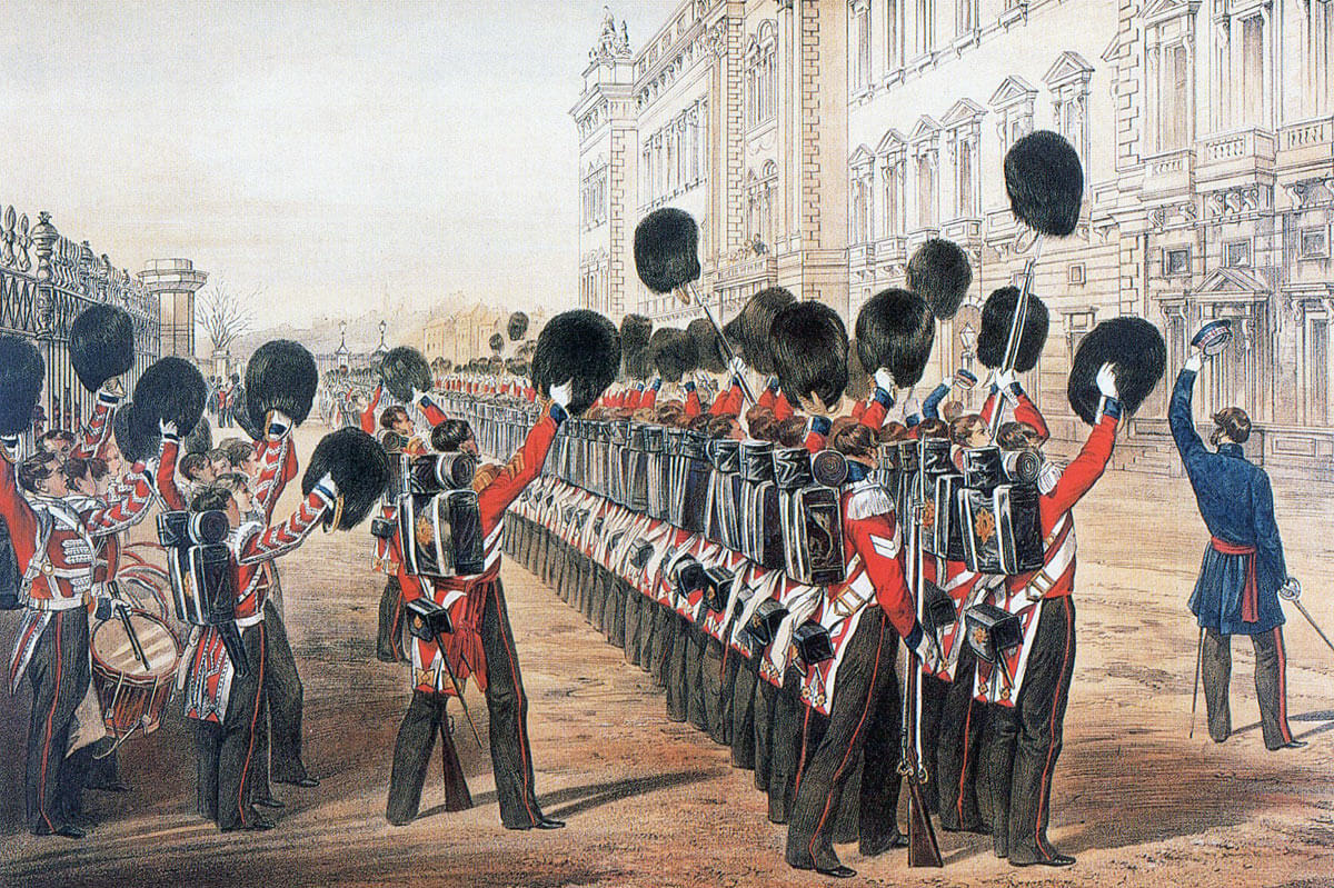Scots Fusilier Guards cheering Queen Victoria at Buckingham Palace before leaving for the Crimea: the Battle of the Alma on 20th September 1854 during the Crimean War