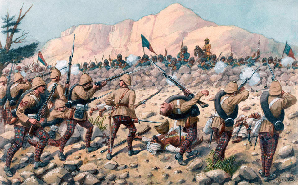 72nd Highlanders at the Battle of Peiwar Kotal on 2nd December 1878 in the Second Afghan War: picture by Richard Simkin
