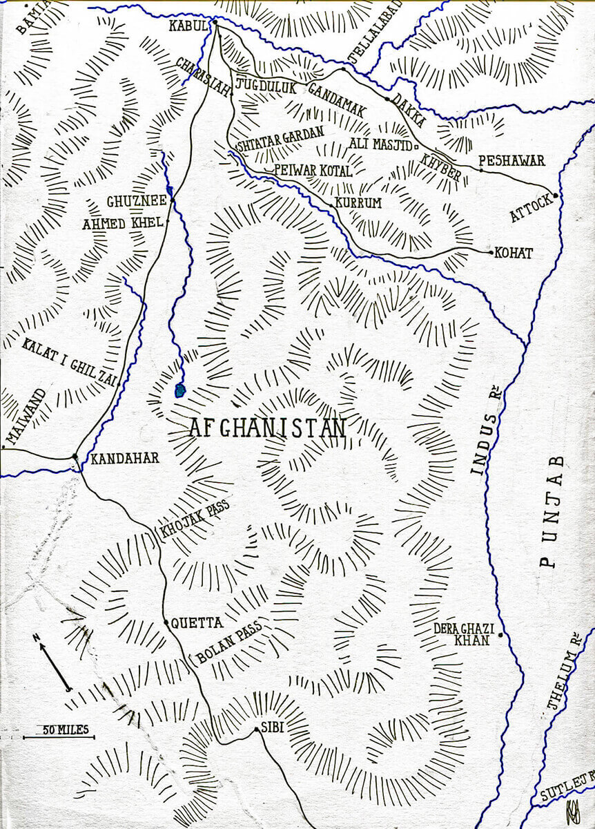 Map of Afghanistan, showing the battle sites of the Second Afghan War: Ali Masjid, Peiwar Kotal, Charasiab and Kabul in the north-east: Ahmed Khel in the centre and Maiwand and Kandahar in the south: map by John Fawkes
