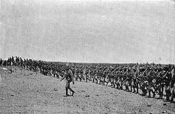Colonel Macdonald's Sudanese brigade advancing during the Battle of Omdurman on 2nd September 1898 in the Sudanese War