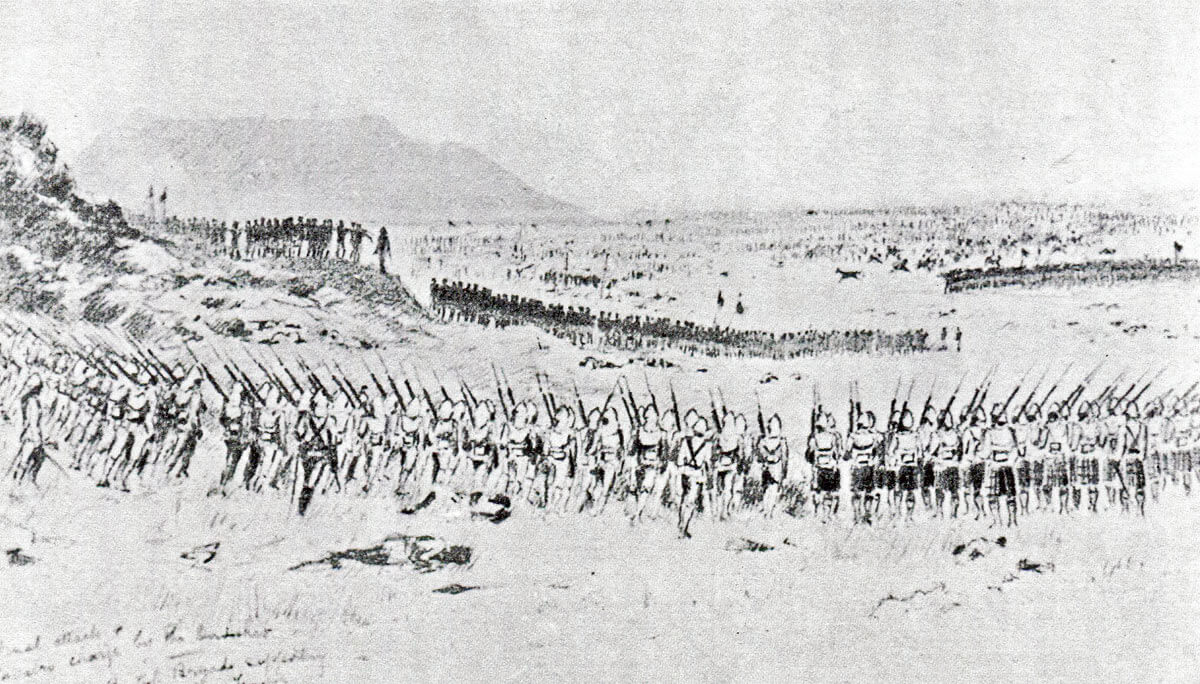 Wauchope's British brigade advancing to support Maconald's brigade at the Battle of Omdurman on 2nd September 1898 in the Sudanese War: drawing by Corporal Farquharson of 1st Seaforth Highlanders