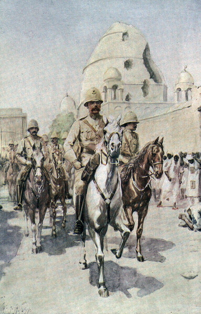 Kitchener enters Omdurman, passing the damaged Mahdi's Tomb, after the Battle of Omdurman on 2nd September 1898 in the Sudanese War