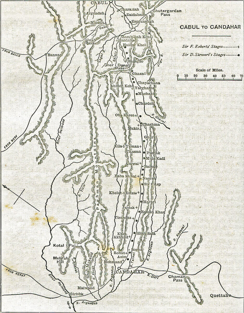 Map showing the routes of General Stewart and General Roberts between Kabul and Kandahar in the Second Afghan War