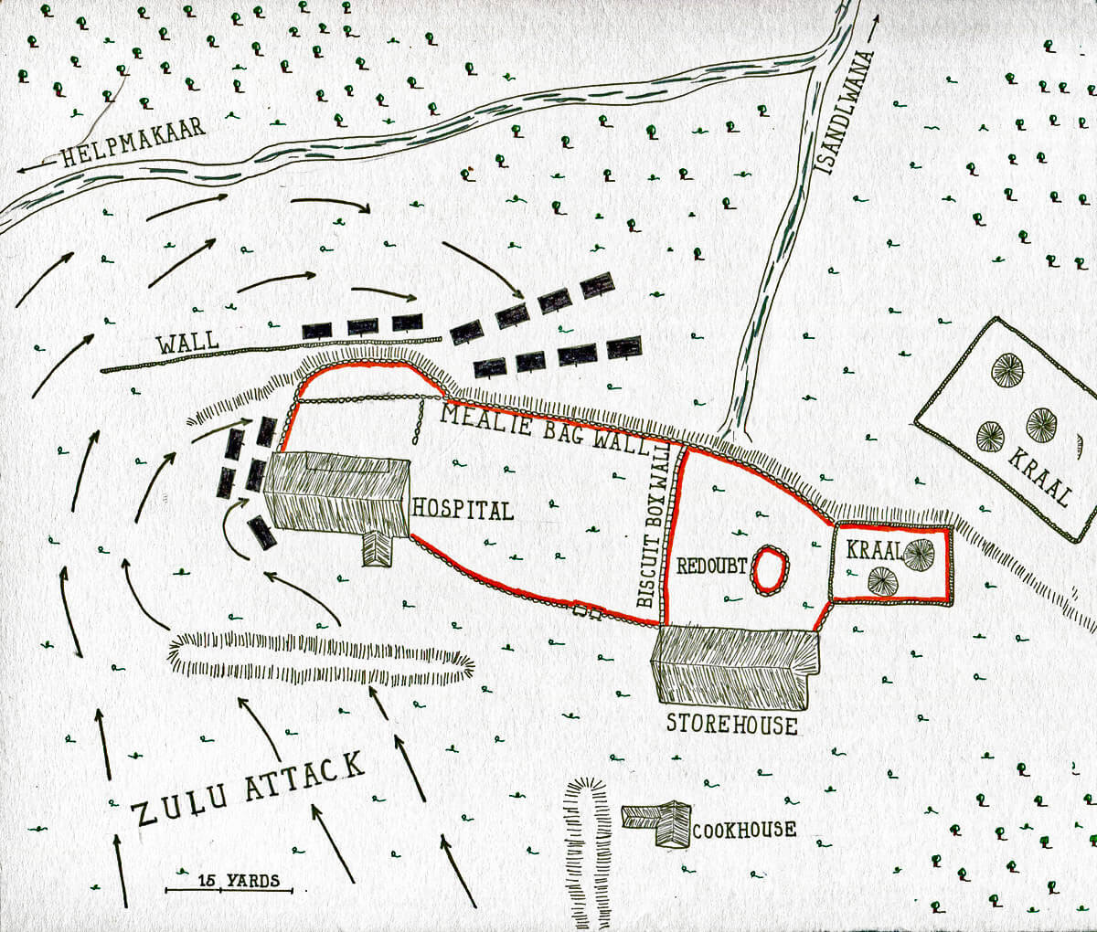 Map of the Battle of Rorke's Drift on 22nd January 1879 in the Zulu War: map by John Fawkes