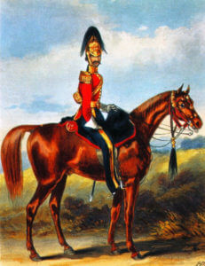 4th Royal Irish Dragoon Guards: Charge of the Heavy Brigade at the Battle of Balaclava on 25th October 1854 in the Crimean War: picture by Ackermann