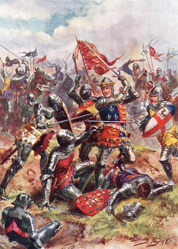 King Henry V at the Battle of Agincourt on 25th October 1415 in the Hundred Years War: picture by Harry Payne