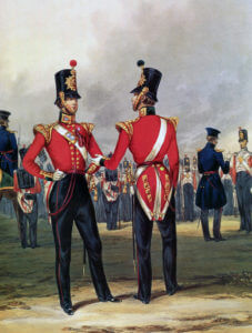 Officers of the 49th Regiment: the Battle of the Alma on 20th September 1854 during the Crimean War: print by Ackermann
