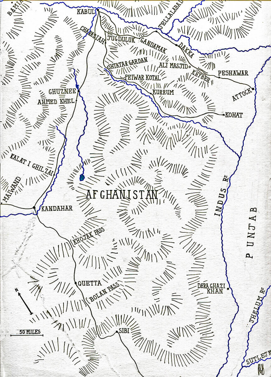 Map of Afghanistan, showing the battle sites of the Second Afghan War: Ali Masjid, Peiwar Kotal, Charasiab and Kabul in the north-east: Ahmed Khel in the centre and Maiwand and Kandahar in the south: map by John Fawkes