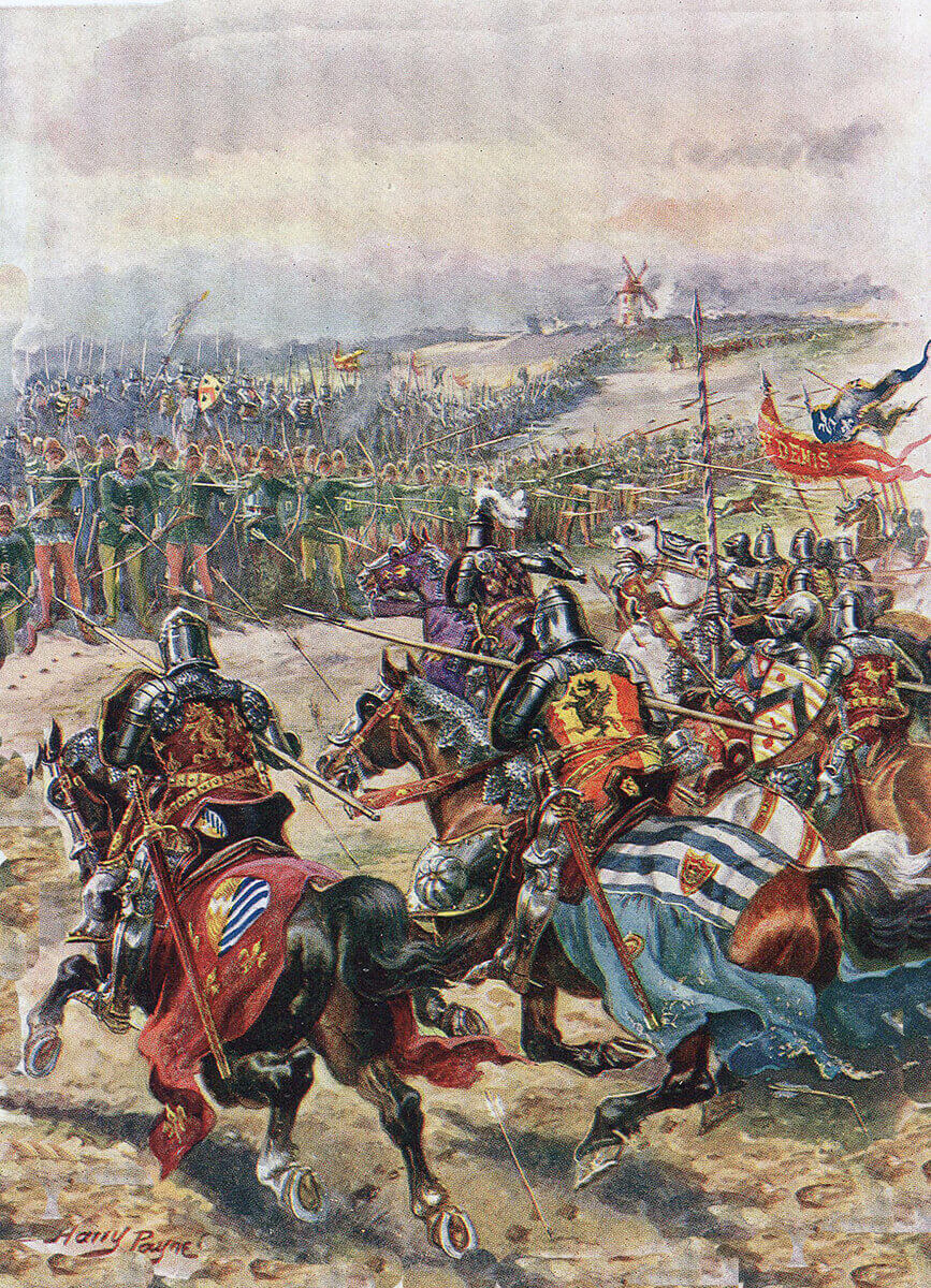 Charge of the French knights at the Battle of Creçy on 26th August 1346 in the Hundred Years War: picture by Harry Payne