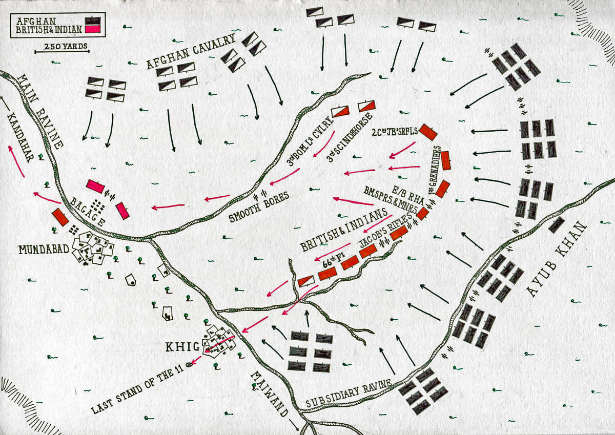 Map of the Battle of Maiwand on 26th July 1880 in the Second Afghan War: map by John Fawkes
