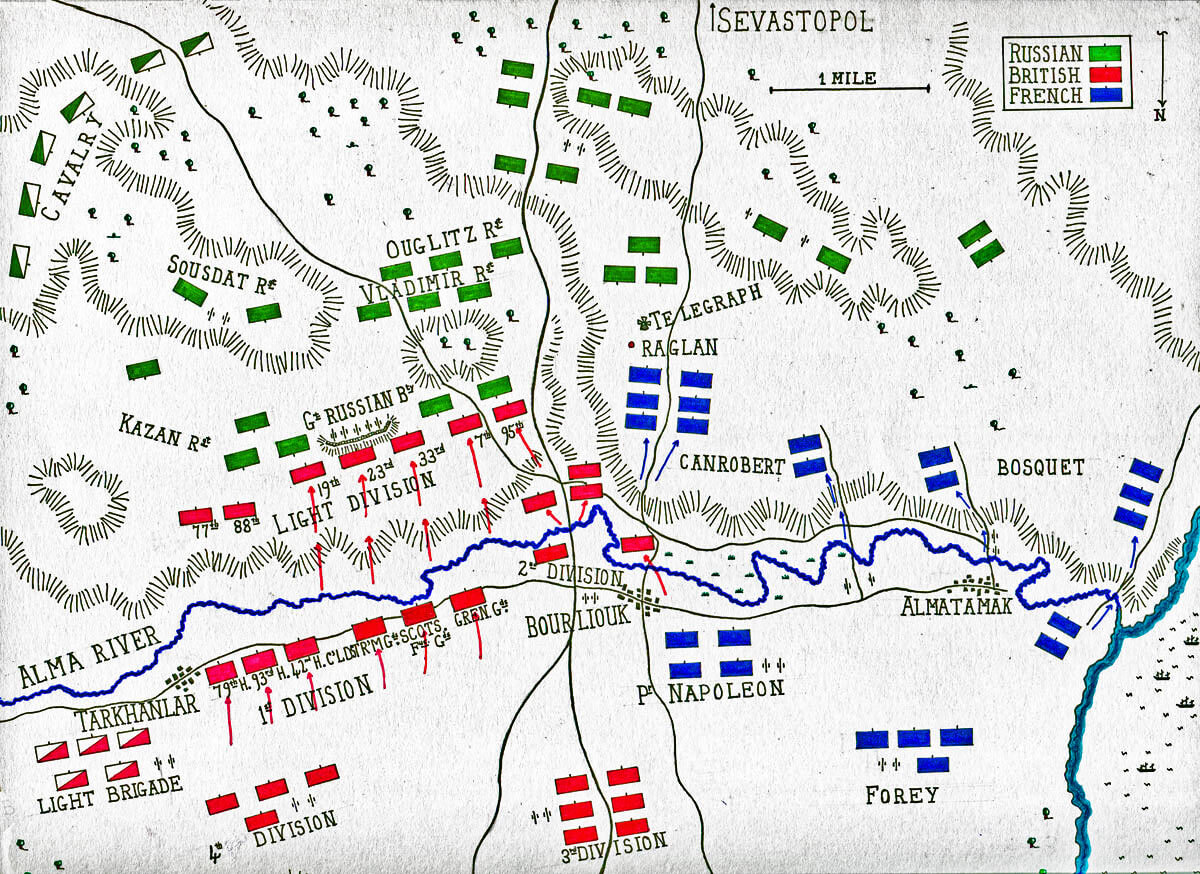 Map of the Battle of the Alma on 20th September 1854 during the Crimean War: map by John Fawkes