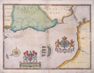 Spanish Armada charts published 1590: 8 English Fleet and the Armada sail up the Channel to Calais on 4th to 6th August 1588