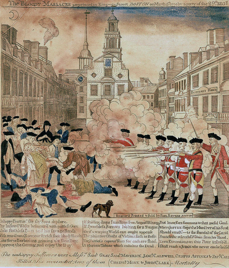 'Boston Massacre': British troops confront and fire on a crowd in Boston on 5th March 1770: American Revolutionary War
