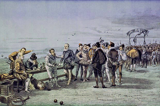 Drake playing bowls on Plymouth Ho as the arrival of the Spanish Armada in the Channel is announced: Spanish Armada June to September 1588