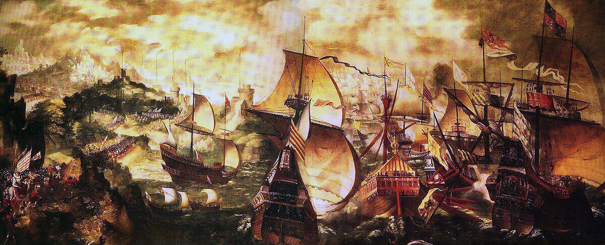 Allegorical representation of the Spanish Armada, June to September 1588, showing Queen Elizabeth I and her army watching the action off Portland Bill (the Queen was in London)