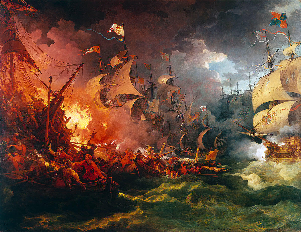 Battle of Gravelines: at which the English Fleet dispersed the Spanish Armada and forced it into the North Sea: Spanish Armada June to September 1588: picture by Philip James de Loutherbourg