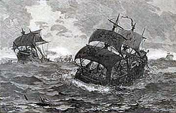 Ships of the Armada storm tossed on the route “North About” round the Northern tip of Scotland: Spanish Armada June to September 1588