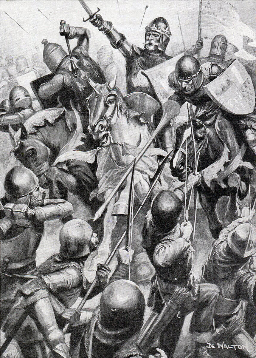 Blind King John of Bohemia at the Battle of Creçy on 26th August 1346 in the Hundred Years War: print by DE Walton