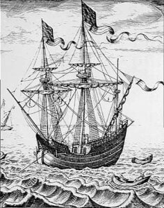 Mediterranean merchant ship commandeered for the Armada: print by Peter Brueghel: Spanish Armada June to September 1588