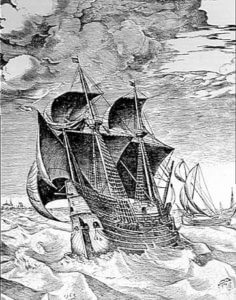Portuguese galleon: print by Peter Brueghel: Spanish Armada June to September 1588