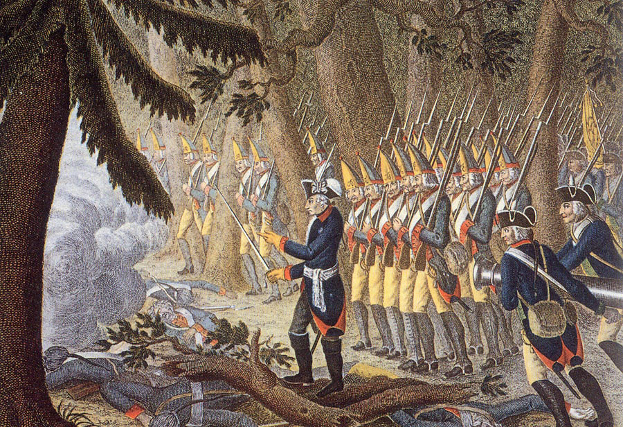 Frederick the Great leads his Grenadier Battalions to the attack at the Battle of Torgau on 3rd November 1760 in the Seven Years War