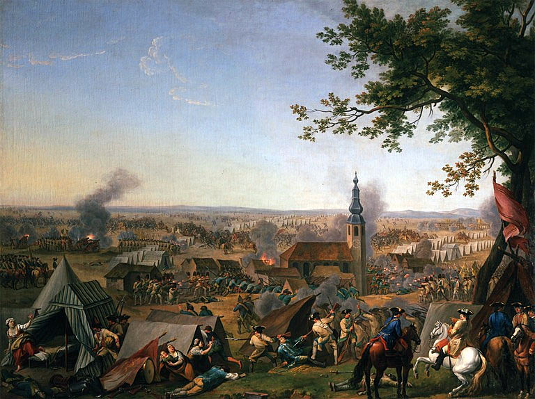 Austrian troops sack the Prussian camp at the Battle of Hochkirch on 14th October 1758 in the Seven Years War: picture by La Pegna