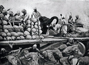 Siraj-ud-Daulah’s guns on wooden trucks pulled by oxen and pushed by elephants at the Battle of Plassey on 23rd June 1757 in the Anglo-French Wars in India: picture by Richard Caton Woodville