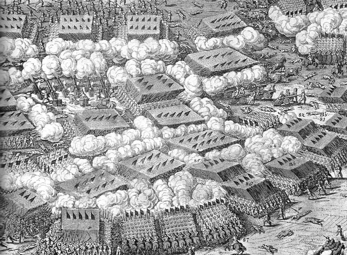 Contemporary representation of the Battle of Breitenfeld in 1632, showing the larger infantry formations of the Imperial army, left upper, against the smaller Swedish infantry formations, right lower; each comprising a central core of pikemen surrounded by musketeers. The tactics at the Battle of Edgehill on 23rd October 1642 in the English Civil War drew heavily on the systems used at Breitenfeld and other battles of the Thirty Years War