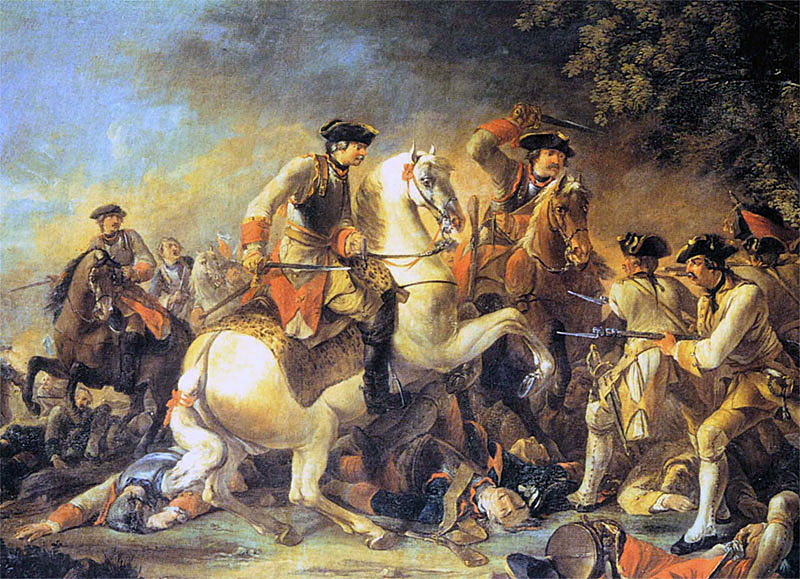 Attack of General von Krosigk's Prussian cavalry brigade on the Austrian infantry of General Sincere's division, taken up by Colonel von Seydlitz after Krosigk's death: Battle of Kolin 18th June 1757 in the Seven Year War: a contemporary picture