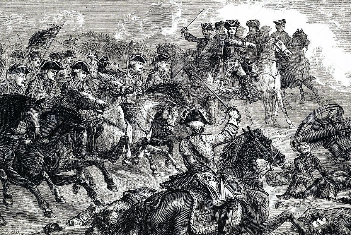King George II at the Battle of Dettingen on 16th June 1743 in the War of the Austrian Succession as his Horse Guards charge the French Maison du Roi