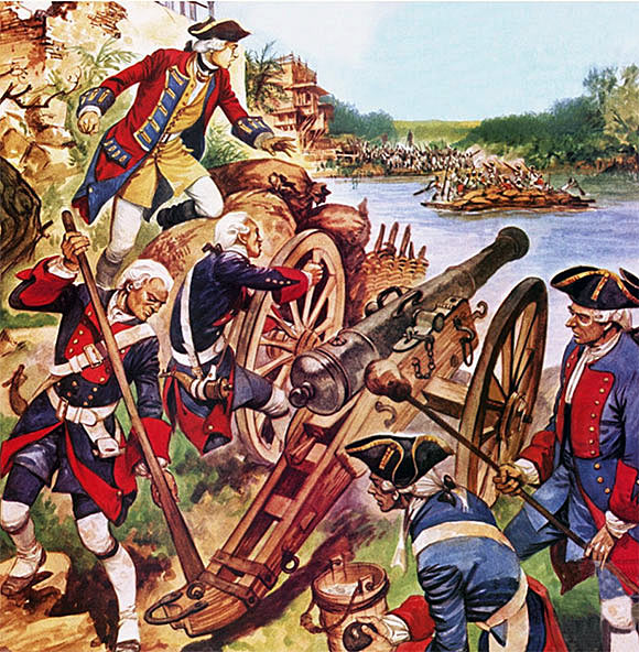 Robert Clive fires a cannon in the Siege of Arcot 31st August to 15th November 1751 in the War in India: picture by Cecil Doughty