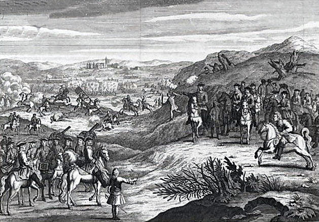 Illustration of the Battle of Edgehill on 23rd October 1642 in the English Civil War: drawn in the Restoration period with uniforms of that time