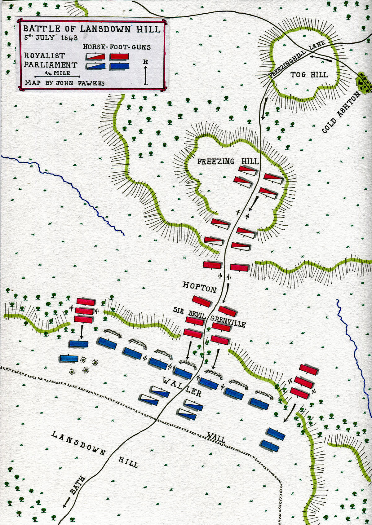 Map of the Battle of Lansdown Hill on 5th July 1643 in the English Civil War: map by John Fawkes