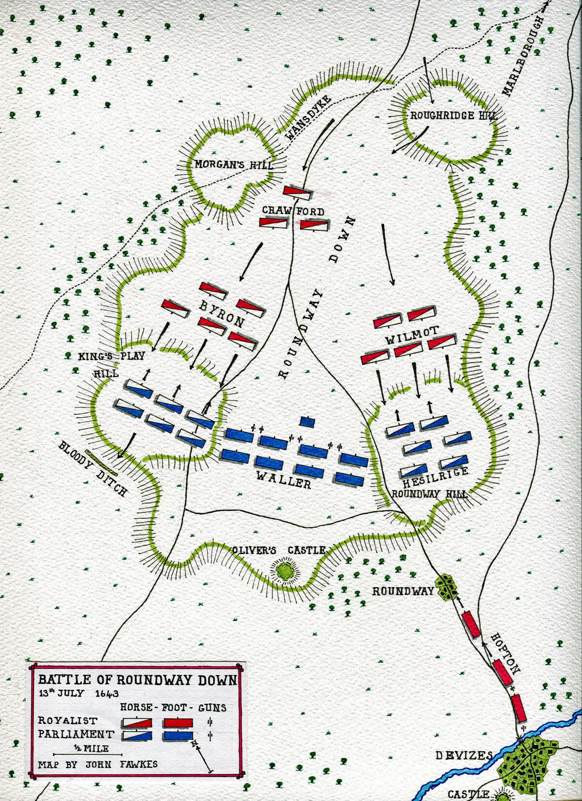 Map of Battle of Roundway Down fought on 13th July 1643 during the English Civil War: map by John Fawkes
