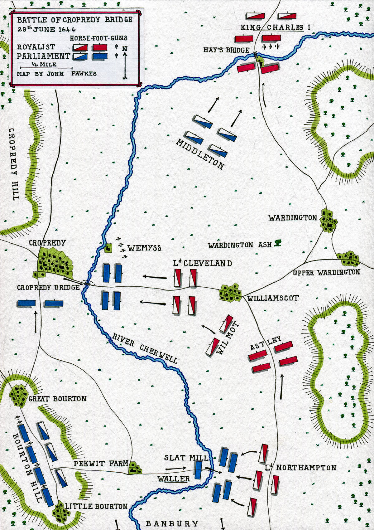 Map of the Battle of Cropredy Bridge on 29th June 1644 in the English Civil War: map by John Fawkes