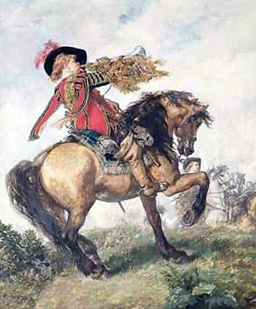 King's Trumpeter: Battle of Cropredy Bridge on 29th June 1644 in the English Civil War: picture by Sir John Gilbert