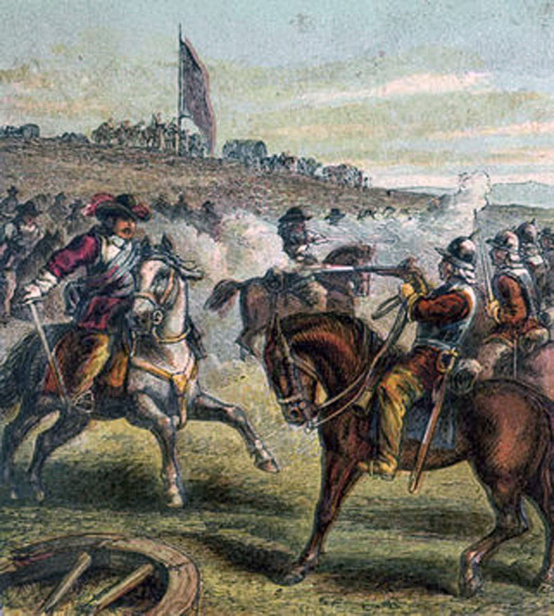 Lord Wilmot’s horse (left) attacks Sir Arthur Hesilrige’s ‘Lobsters’ (right) at the Battle of Roundway Down on 13th July 1643 during the English Civil War