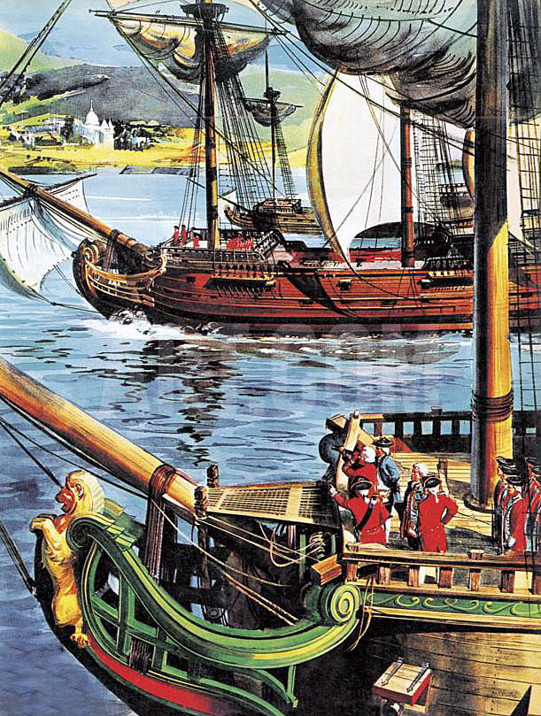 Clive sails up the Bay of Bengal to the Ganges River to recapture Calcutta: Battle of Plassey on 23rd June 1757 in the Anglo-French Wars in India