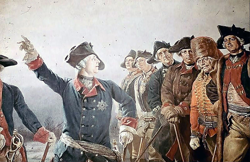 King Frederick II of Prussia addresses his generals in the Parchwitz Address before the Battle of Leuthen 5th  December 1757 in the Seven Years War