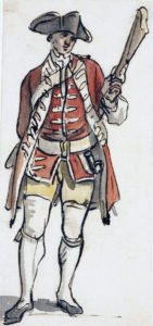 A British infantryman of the 1750s: Death of General Edward Braddock on the Monongahela River on 9th July 1755 in the French and Indian War