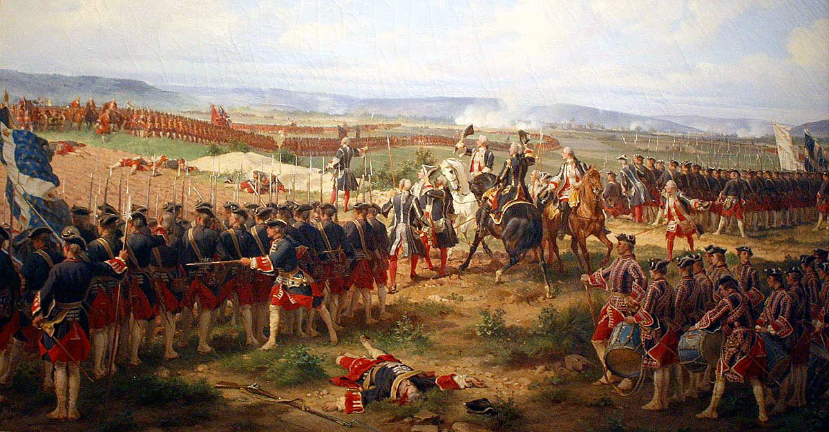 Battle of Fontenoy on 11th May 1745; the British Foot Guards confront the Garde Française: picture by Edouard Detaille: Death of General Edward Braddock on the Monongahela River on 9th July 1755 in the French and Indian War