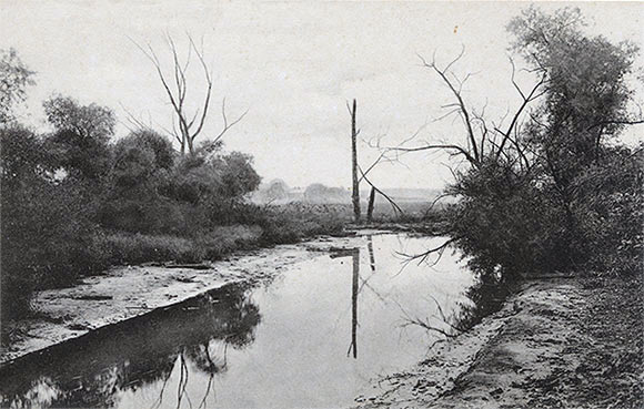Jacob’s Creek in later times: the swamp referred to by Captain Orme was on the east side of the creek: Death of General Edward Braddock on the Monongahela River on 9th July 1755 in the French and Indian War