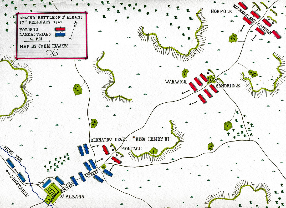 Map of the Second Battle of St Albans, fought on 17th February 1461 in the Wars of the Roses: map by John Fawkes