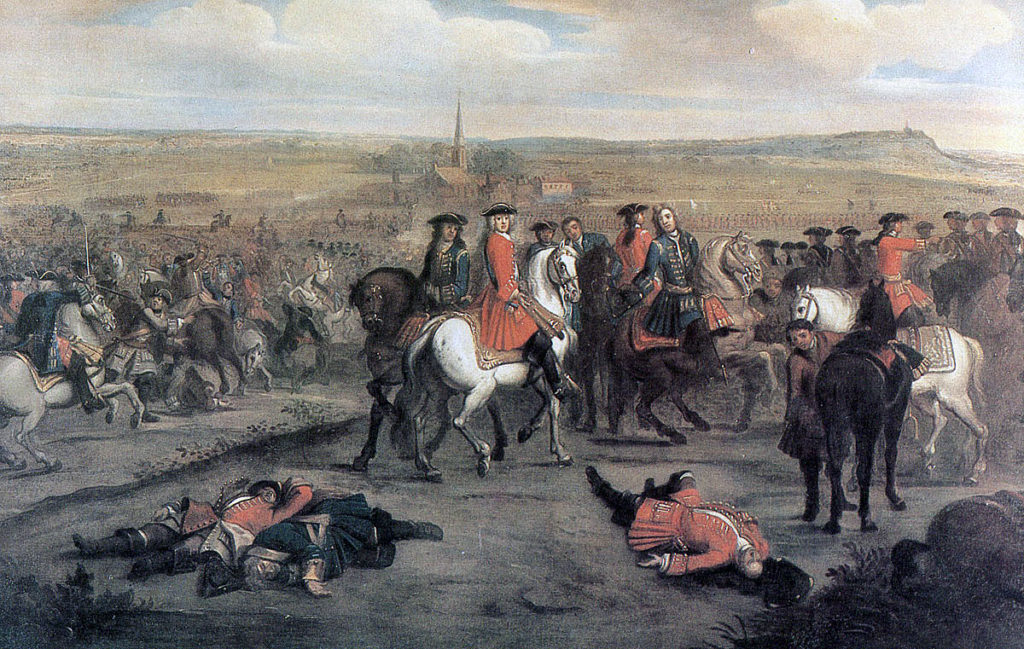 Duke of Marlborough and his staff at the Battle of Ramillies 12th May 1706 in the War of the Spanish Succession: piccture by Laguerre: Colonel Brinfield lies in the right foreground